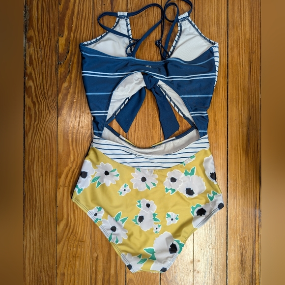 Nani Striped and Floral Blue And Yellow One-Piece Swimsuit Size S - Picture 2 of 6
